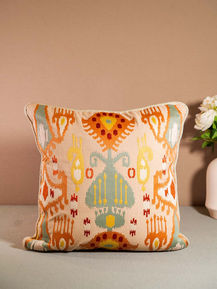  Buy IKKAT-CUSHION WITH EMBROIDERY-LIGHT BROWN