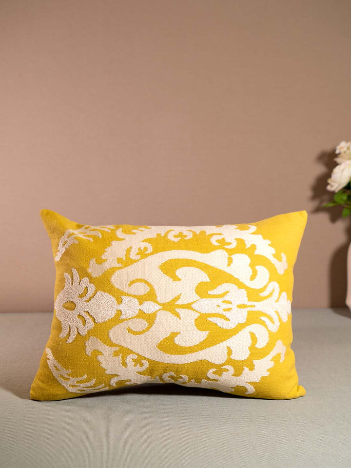  Buy IKKAT-CUSHION WITH EMBROIDERY-Musturd