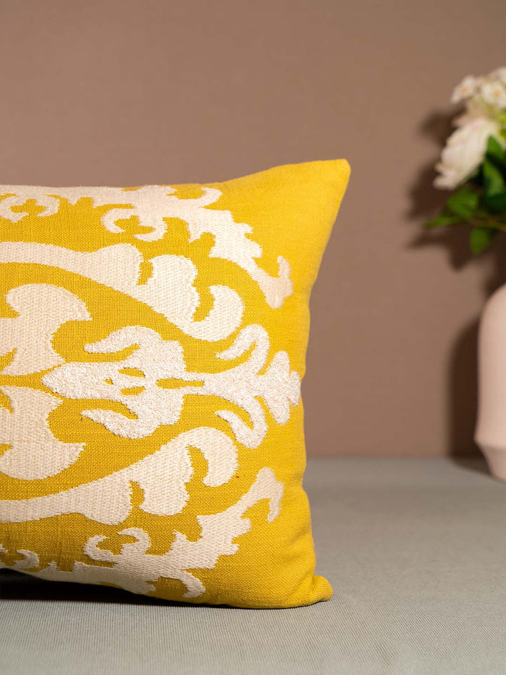  Buy IKKAT-CUSHION WITH EMBROIDERY-Musturd