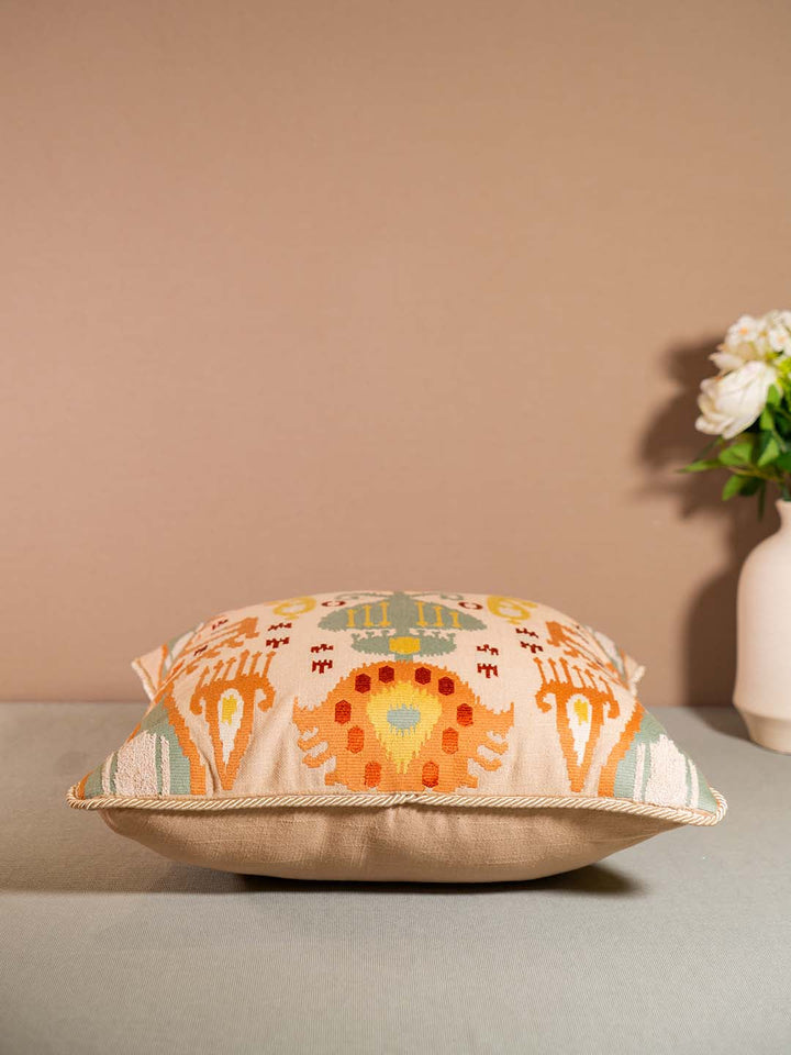  Buy IKKAT-CUSHION WITH EMBROIDERY-LIGHT BROWN