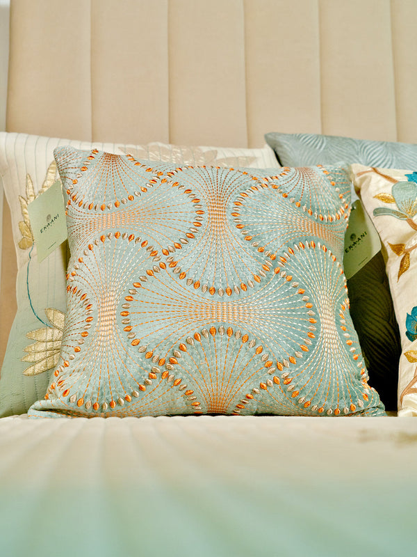 Lotus Viscose Velvet with Thread Embroidery Teal Cushion