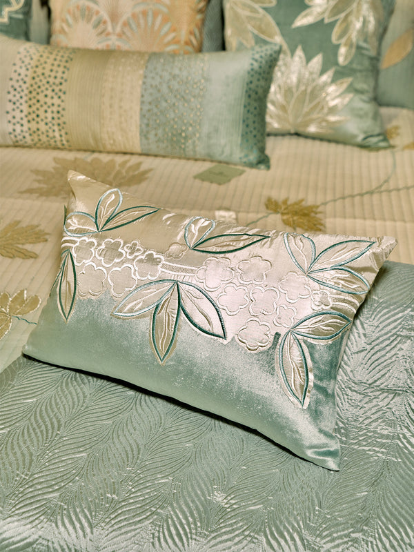 Lotus Cutwork Embroidery On Silk & Velvet Teal Cushion