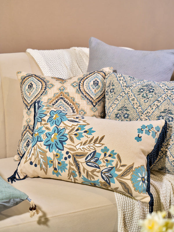 Indigo Cotton Textured With Thread Embroidery Ivory Cushion