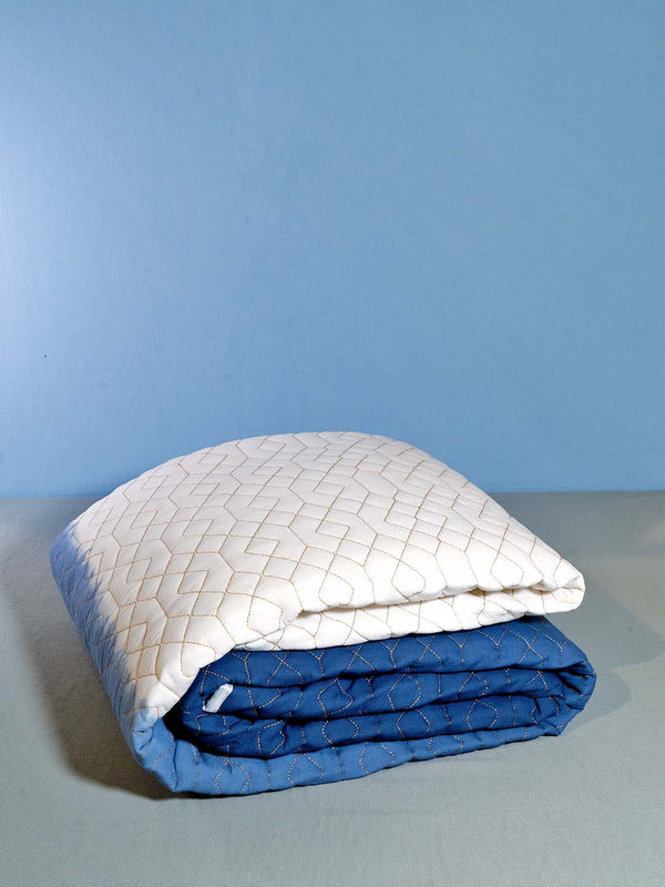 Indigo Bedcover Cotton Mul Ombre With Zari Quilting Ivory To Indigo Bedcover