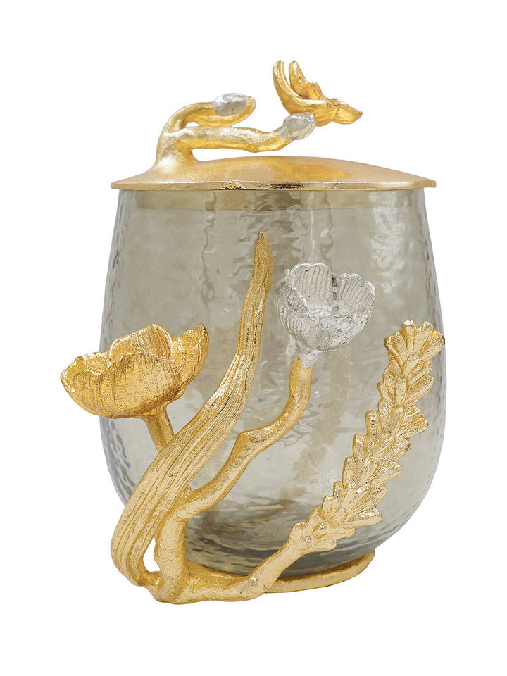 Buy Cotton Jar Silver, Gold Finished Aluminum & Textured Brown Luster Glass With Flower